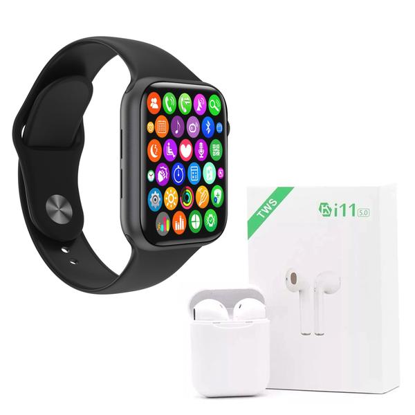 Kit 1 Relógio Inteligente SmartWatch IWO8 Lite Plus Preto Troca Pulseira + 1 Fone I11 TWS Branco - Smart Bracelet