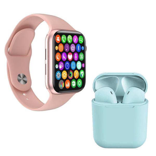 Kit 1 Relógio Inteligente SmartWatch IWO8 Lite Plus Rosa + 1 Fone Bluetooth InPods I12 Azul Claro - Smart Bracelet