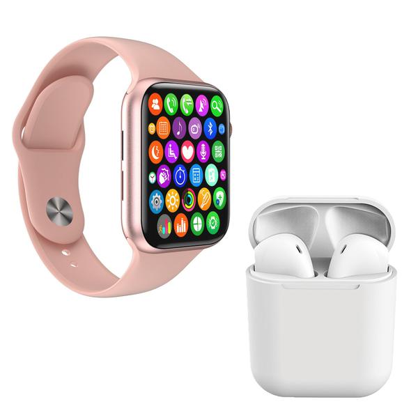 Kit 1 Relógio Inteligente SmartWatch IWO8 Lite Plus Rosa + 1 Fone Bluetooth InPods I12 Branco - Smart Bracelet