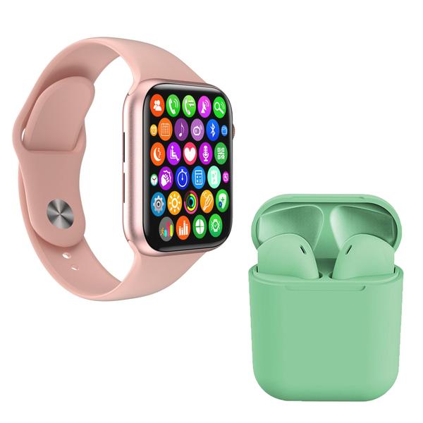 Kit 1 Relógio Inteligente SmartWatch IWO8 Lite Plus Rosa + 1 Fone Bluetooth InPods I12 Verde - Smart Bracelet