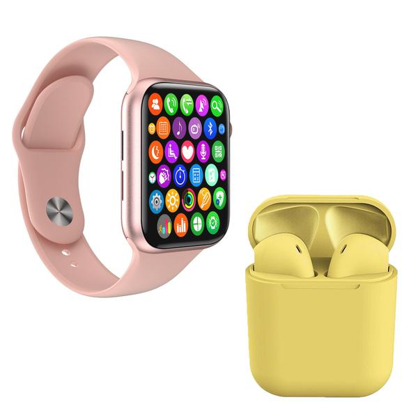 Kit 1 Relógio Inteligente SmartWatch IWO8 Lite Plus Rosa + 1 Fone Bt InPods I12 Amarelo - Smart Bracelet