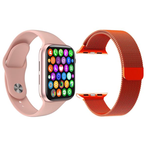 Kit 1 Relógio Inteligente SmartWatch IWO8 Lite Plus Rosa + 1 Pulseira Extra Aço Milanese Vermelho - Smart Bracelet