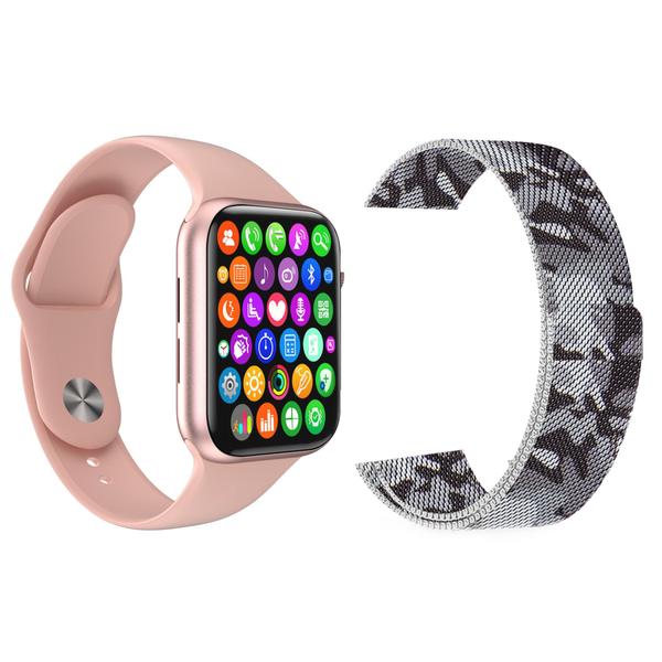 Kit 1 Relógio Inteligente SmartWatch IWO8 Lite Plus Rosa + 1 Pulseira Extra Milanese Camuflada - Smart Bracelet