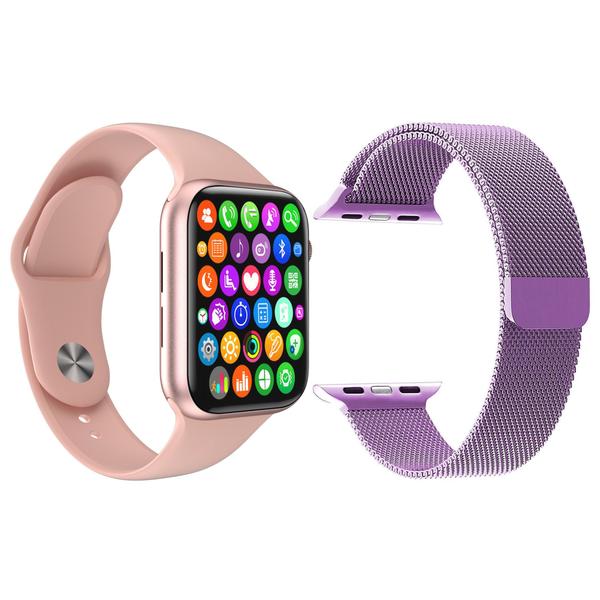 Kit 1 Relógio Inteligente SmartWatch IWO8 Lite Plus Rosa + 1 Pulseira Extra Milanese Roxo - Smart Bracelet