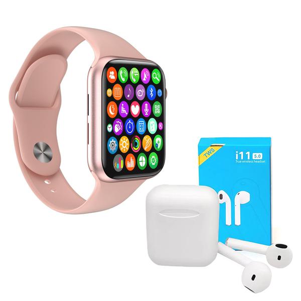 Kit 1 Relógio Inteligente SmartWatch IWO8 Lite Plus Rosa Troca Pulseira + 1 Fone Bt I11 Pro TWS - Smart Bracelet