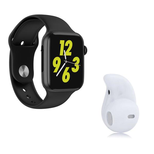 Kit 1 Relógio Inteligente SmartWatch W34 Preto Android IOS + 1 Mini Fone Bluetooth Branco - Smart Bracelet
