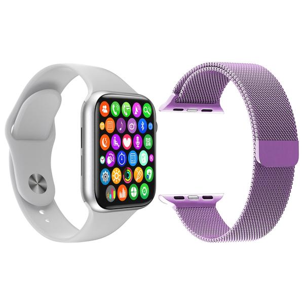 Kit 1 Relógio Inteligente SmartWatch IWO8 Lite Plus Branco + 1 Pulseira Extra Milanese Roxo - Smart Bracelet