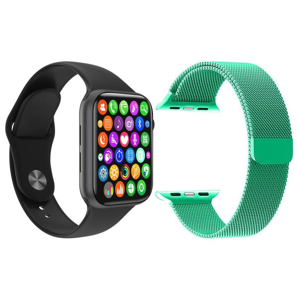 Kit 1 Relógio Inteligente SmartWatch W34 S Preto Android IOS + 1 Pulseira Extra Milanese Verde Água - Smart Bracelet