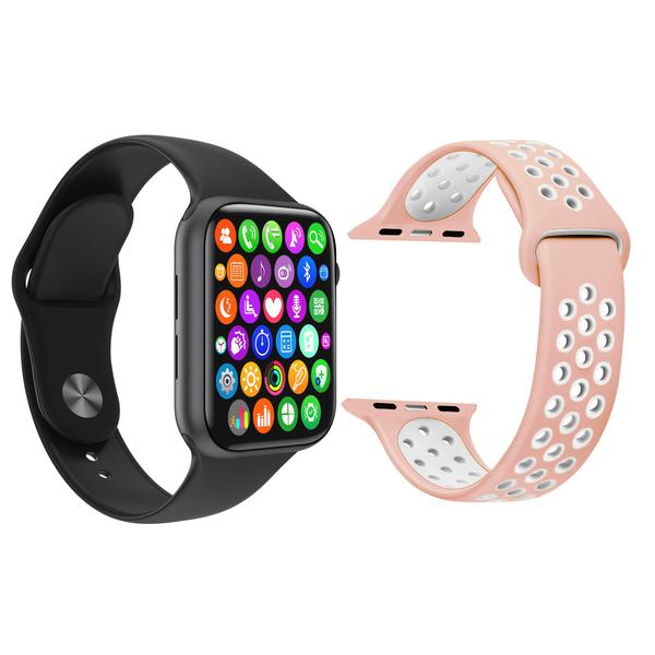 Kit 1 Relógio Inteligente SmartWatch IWO8 Lite Plus Preto + 1 Pulseira Extra Sport Rosa - Smart Bracelet