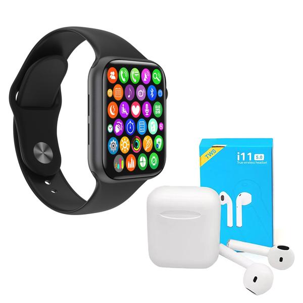 Kit 1 Relógio Inteligente SmartWatch IWO8 Lite Plus Preto Troca Pulseira + 1 Fone Bt I11 Pro TWS - Smart Bracelet