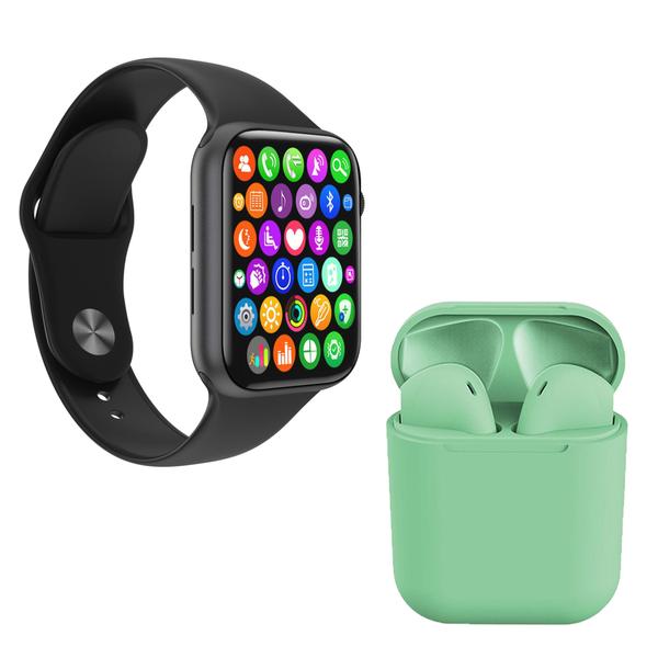 Kit 1 Relógio Inteligente SmartWatch IWO8 Lite Plus Preto + 1 Fone Bluetooth InPods I12 Verde - Smart Bracelet