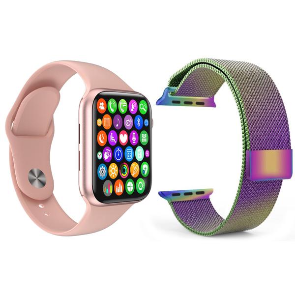 Kit 1 Relógio Inteligente SmartWatch W34 S Rosa Android IOS + 1 Pulseira Extra Milanese Arco Íris - Smart Bracelet