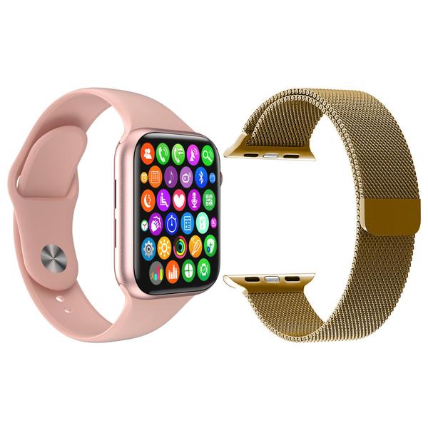 Kit 1 Relógio Inteligente SmartWatch IWO8 Lite Plus Rosa + 1 Pulseira Extra Milanese Marrom - Smart Bracelet