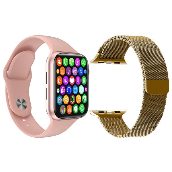 Kit 1 Relógio Inteligente SmartWatch W34 S Rosa Android IOS + 1 Pulseira Extra Milanese Marrom - Smart Bracelet