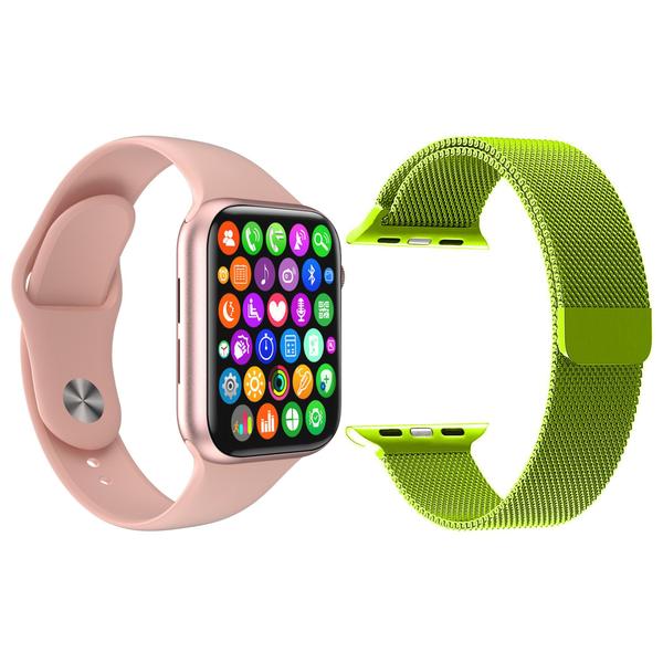 Kit 1 Relógio Inteligente SmartWatch IWO8 Lite Plus Rosa + 1 Pulseira Extra Milanese Verde Musgo - Smart Bracelet