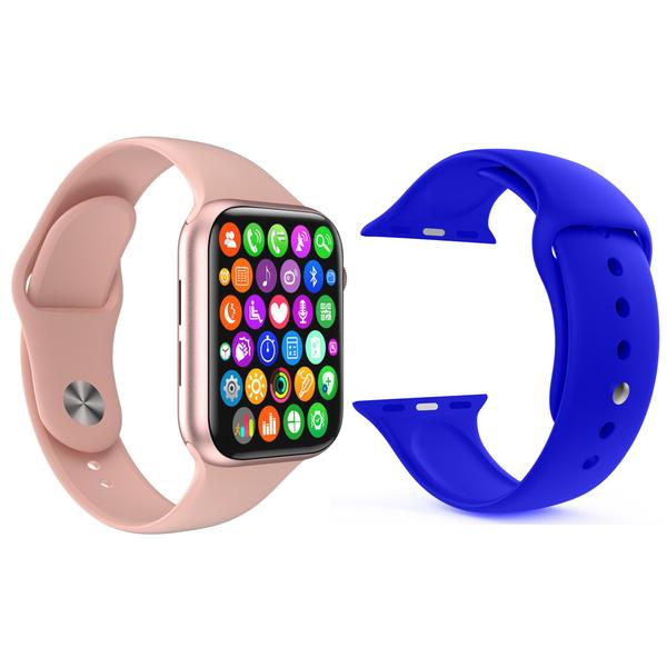 Kit 1 Relógio Inteligente SmartWatch IWO8 Lite Plus Rosa + 1 Pulseira Extra Silicone Azul Escuro - Smart Bracelet