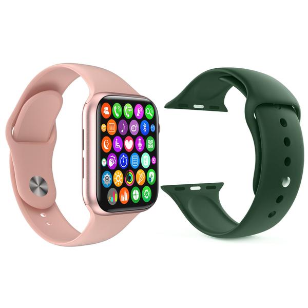 Kit 1 Relógio Inteligente SmartWatch IWO8 Lite Plus Rosa + 1 Pulseira Extra Silicone Verde Escuro - Smart Bracelet