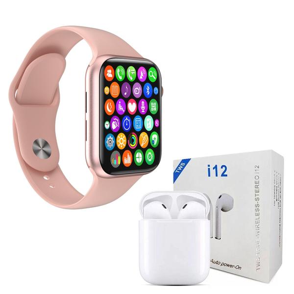 Kit 1 Relógio Inteligente SmartWatch W34 S Rosa Troca Pulseira + 1 Fone Bluetooth I12 TWS - Smart Bracelet