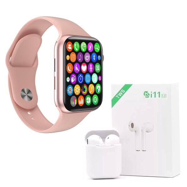 Kit 1 Relógio Inteligente SmartWatch IWO8 Lite Plus Rosa Troca Pulseira + 1 Fone Bt I11 TWS Branco - Smart Bracelet