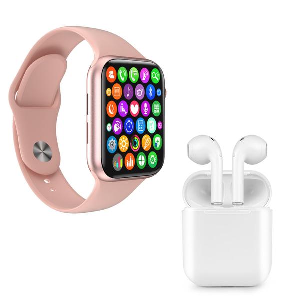 Kit 1 Relógio Inteligente SmartWatch IWO8 Lite Plus Rosa Troca Pulseira + 1 Fone I9S TWS Branco - Smart Bracelet