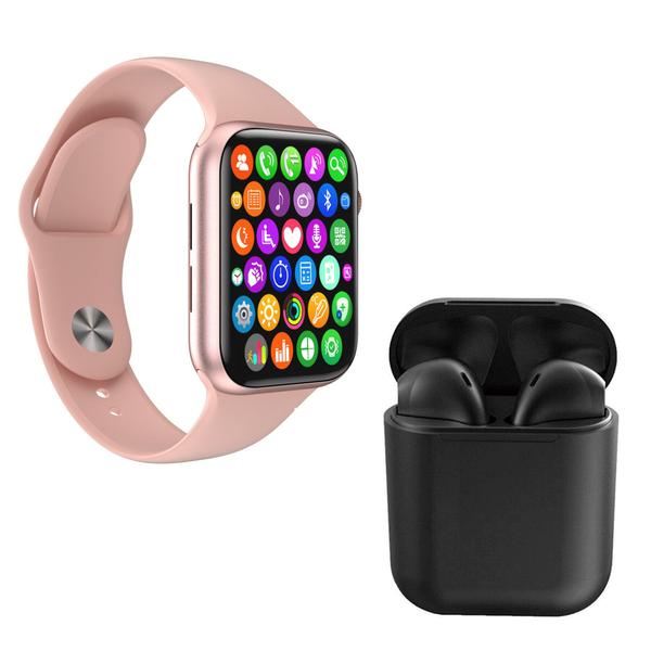 Kit 1 Relógio Inteligente SmartWatch W34 S Rosa Troca Pulseira + 1 Fone Bluetooth InPods I12 Preto - Smart Bracelet