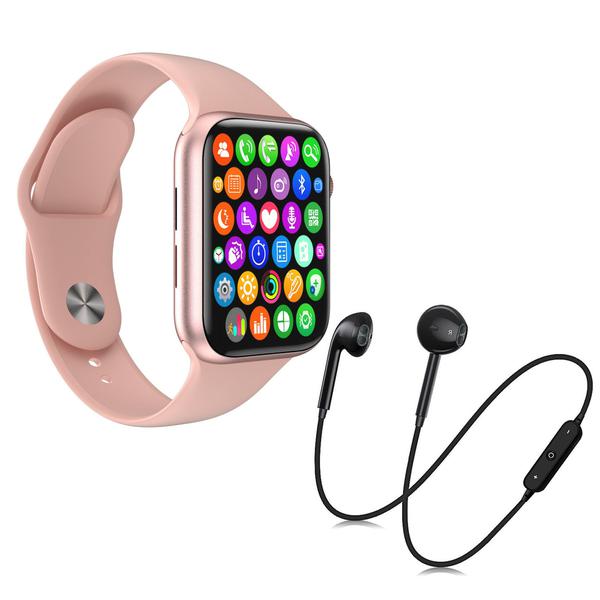 Kit 1 Relógio Inteligente SmartWatch W34 S Rosa Troca Pulseira + 1 Fone Bluetooth S6 Preto - Smart Bracelet