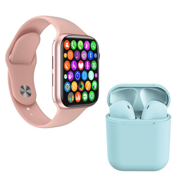 Kit 1 Relógio Inteligente SmartWatch W34 S Rosa Troca Pulseira + 1 Fone Bt InPods I12 Azul Claro - Smart Bracelet