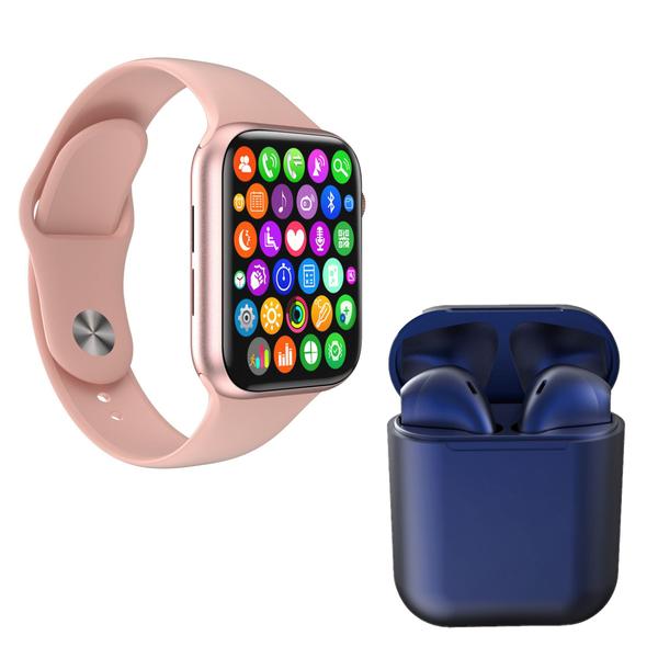 Kit 1 Relógio Inteligente SmartWatch W34 S Rosa Troca Pulseira + 1 Fone Bt InPods I12 Azul Escuro - Smart Bracelet