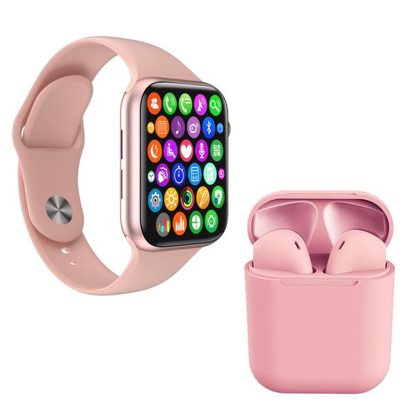 Kit 1 Relógio Inteligente SmartWatch IWO8 Lite Plus Rosa + 1 Fone Bt InPods I12 Rosa - Smart Bracelet