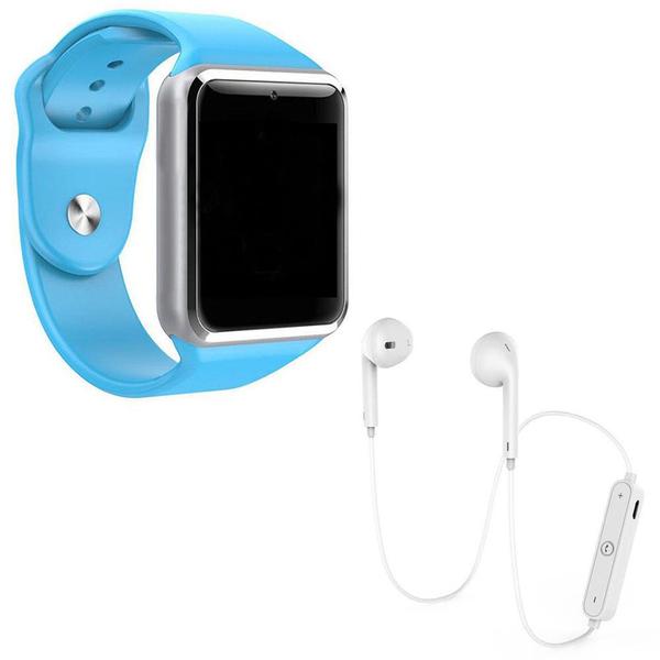 Kit 1 Relógio SmartWatch A1 Azul + 1 Fone Bluetooh Original Branco