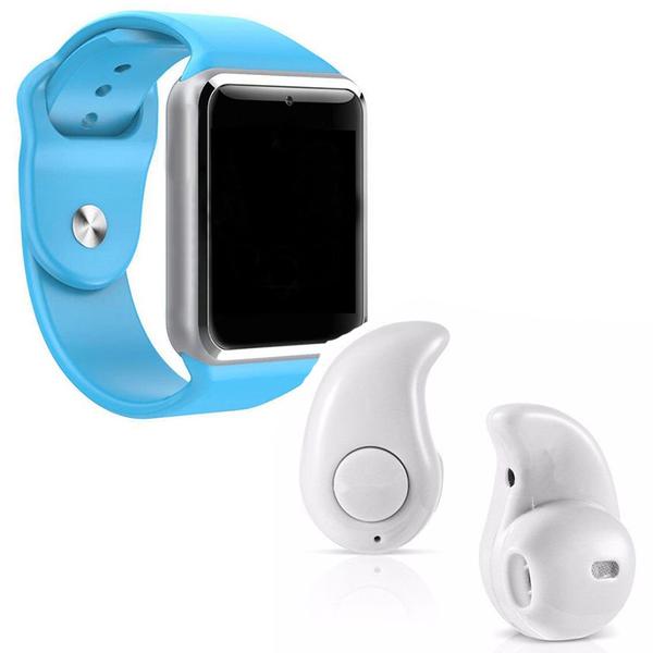 Kit 1 Relógio SmartWatch A1 Azul + 1 Mini Fone Bluetooh Branco