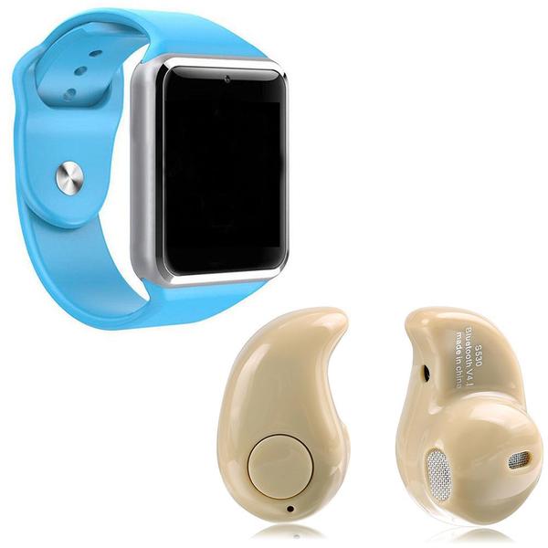 Kit 1 Relógio SmartWatch A1 Azul + 1 Mini Fone Bluetooh Marfim