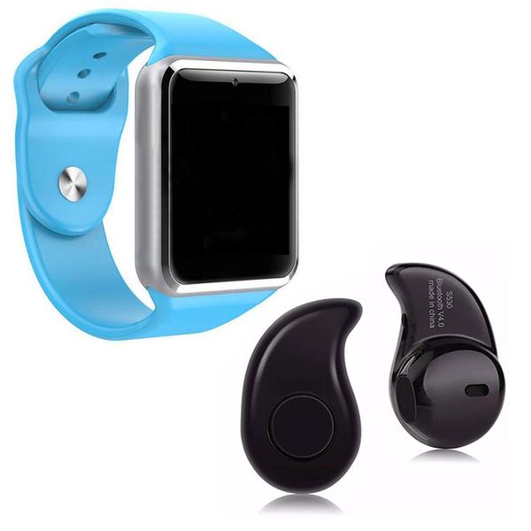 Kit 1 Relógio SmartWatch A1 Azul + 1 Mini Fone Bluetooh Preto