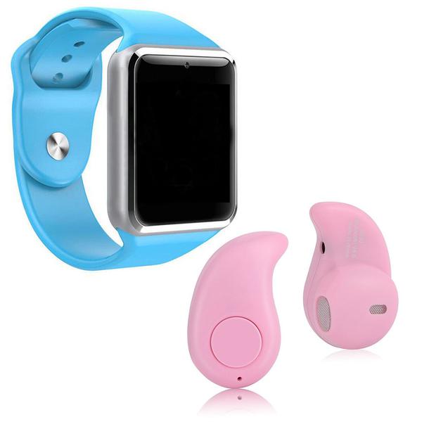 Kit 1 Relógio SmartWatch A1 Azul + 1 Mini Fone Bluetooh Rosa