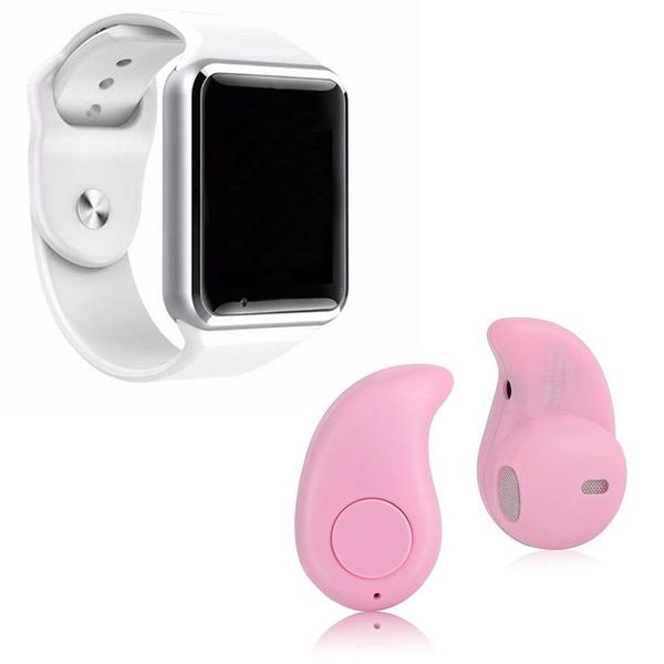 Kit 1 Relógio SmartWatch A1 Branco + 1 Mini Fone Bluetooh Rosa