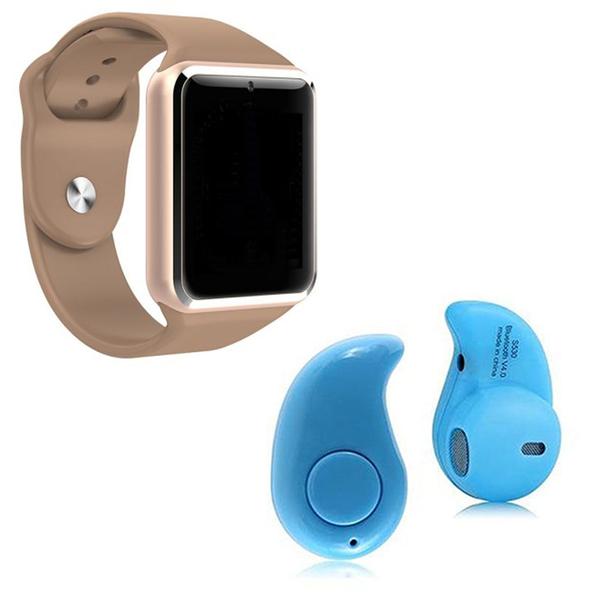 Kit 1 Relógio SmartWatch A1 Dourado + 1 Mini Fone Bluetooh Azul