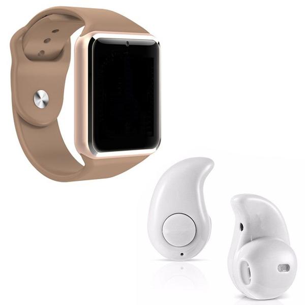 Kit 1 Relógio SmartWatch A1 Dourado + 1 Mini Fone Bluetooh Branco