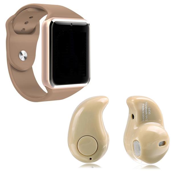 Kit 1 Relógio SmartWatch A1 Dourado + 1 Mini Fone Bluetooh Marfim - a Smart