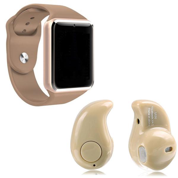 Kit 1 Relógio SmartWatch A1 Dourado + 1 Mini Fone Bluetooh Marfim