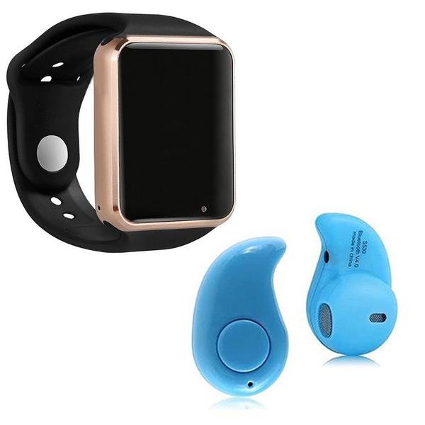 Kit 1 Relógio SmartWatch A1 Dourado com Preto + 1 Mini Fone Bluetooth Azul