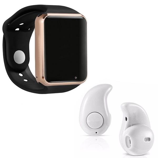 Kit 1 Relógio SmartWatch A1 Dourado com Preto + 1 Mini Fone Bluetooth Branco