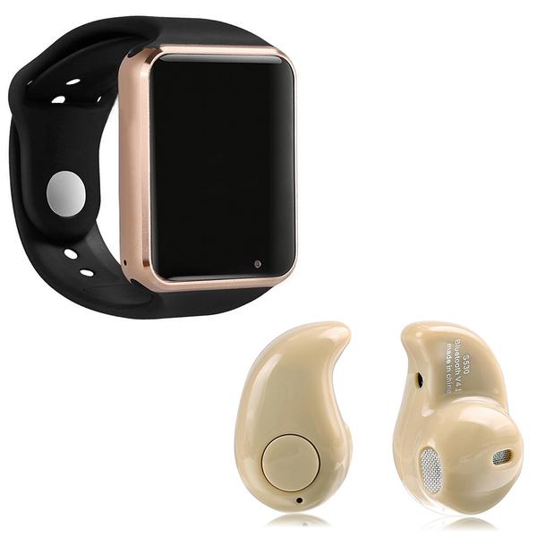 Kit 1 Relógio SmartWatch A1 Dourado com Preto + 1 Mini Fone Bluetooth Marfim