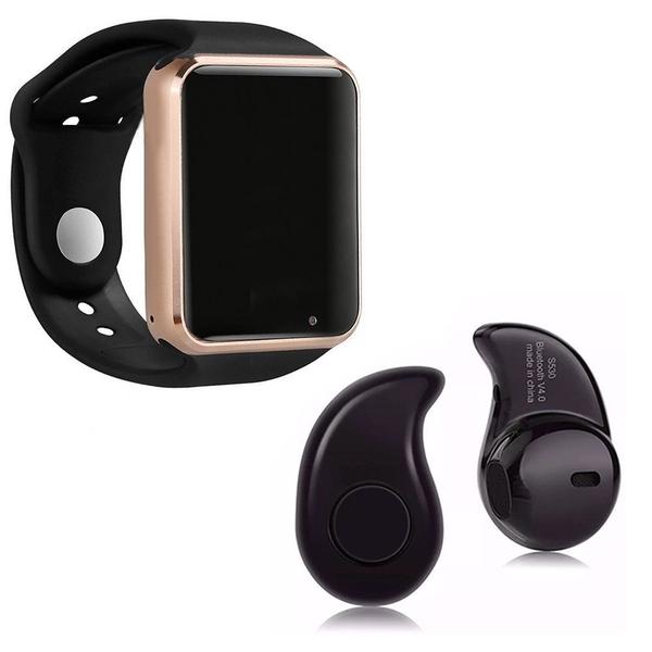 Kit 1 Relógio SmartWatch A1 Dourado com Preto + 1 Mini Fone Bluetooth Preto