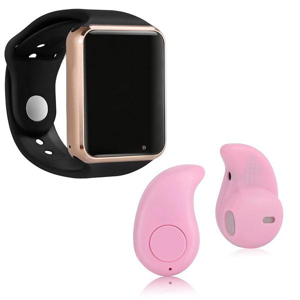 Kit 1 Relógio SmartWatch A1 Dourado com Preto + 1 Mini Fone Bluetooth Rosa