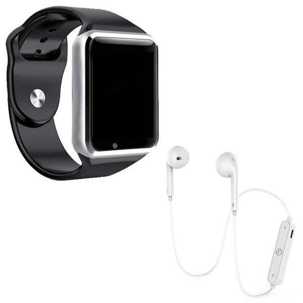 Kit 1 Relógio SmartWatch A1 Prata + 1 Fone Bluetooh Original Branco