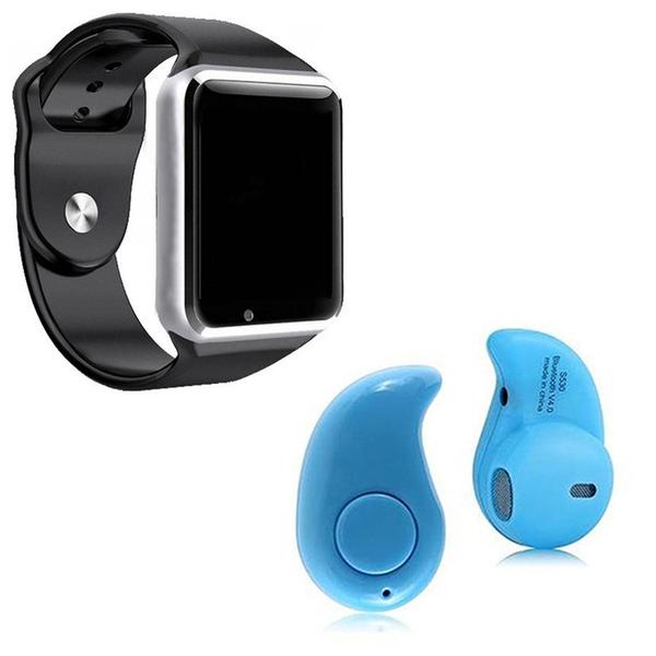 Kit 1 Relógio SmartWatch A1 Prata + 1 Mini Fone Bluetooh Azul