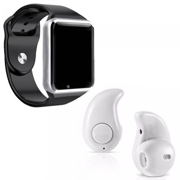 Kit 1 Relógio SmartWatch A1 Prata + 1 Mini Fone Bluetooh Branco