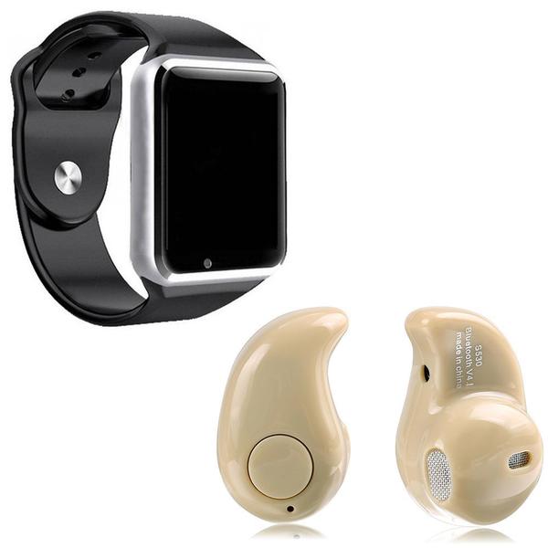 Kit 1 Relógio SmartWatch A1 Prata + 1 Mini Fone Bluetooh Marfim