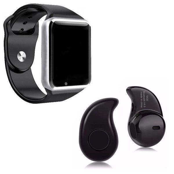 Kit 1 Relógio SmartWatch A1 Prata + 1 Mini Fone Bluetooh Preto