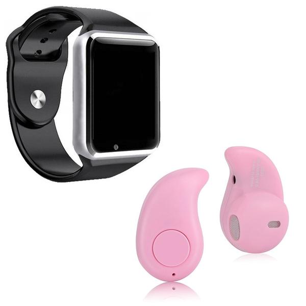 Kit 1 Relógio SmartWatch A1 Prata + 1 Mini Fone Bluetooh Rosa